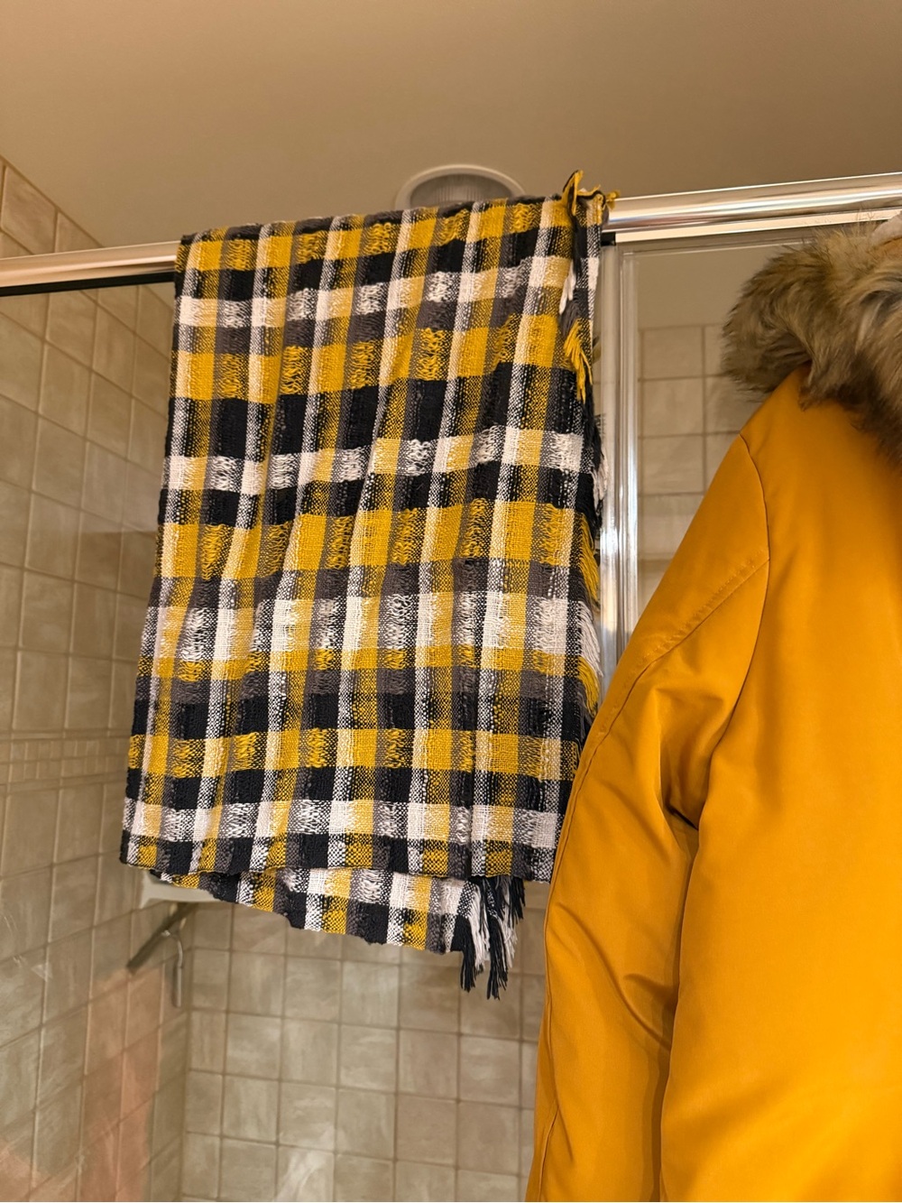 Sam Edelman Mustard Hooded Faux-Fur Trim Puffer Coat with Matching Plaid Scarf - Picture 14 of 15